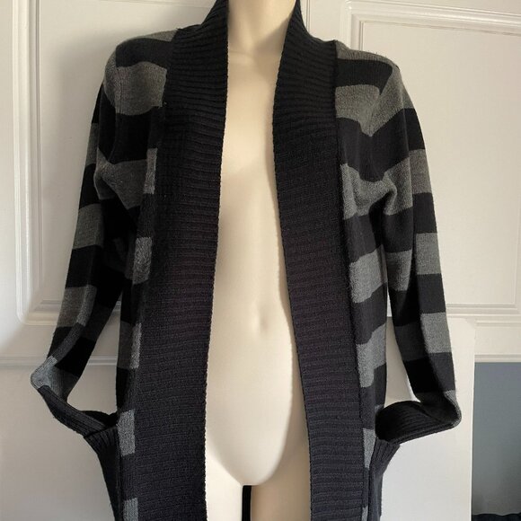 Long Black Gray Striped Cardigan - NWD Size S - Picture 1 of 10